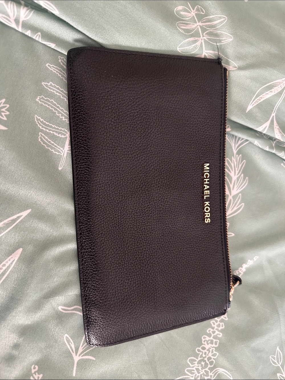 Michael Kors Black Pebbled Leather Zip Pouch with Gold Logo